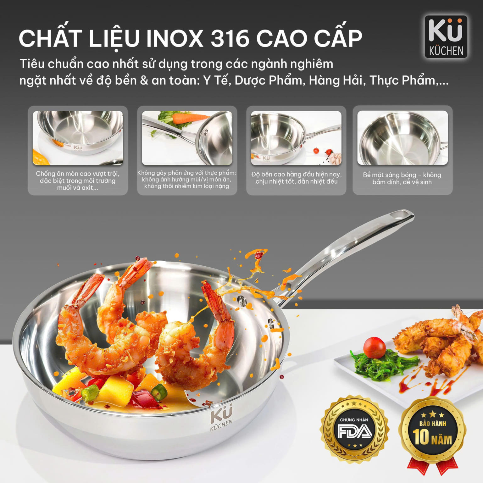 Chảo rán inox 316 28cm cao cấp KUCHEN KU FP281316 - Kuchen Việt Nam