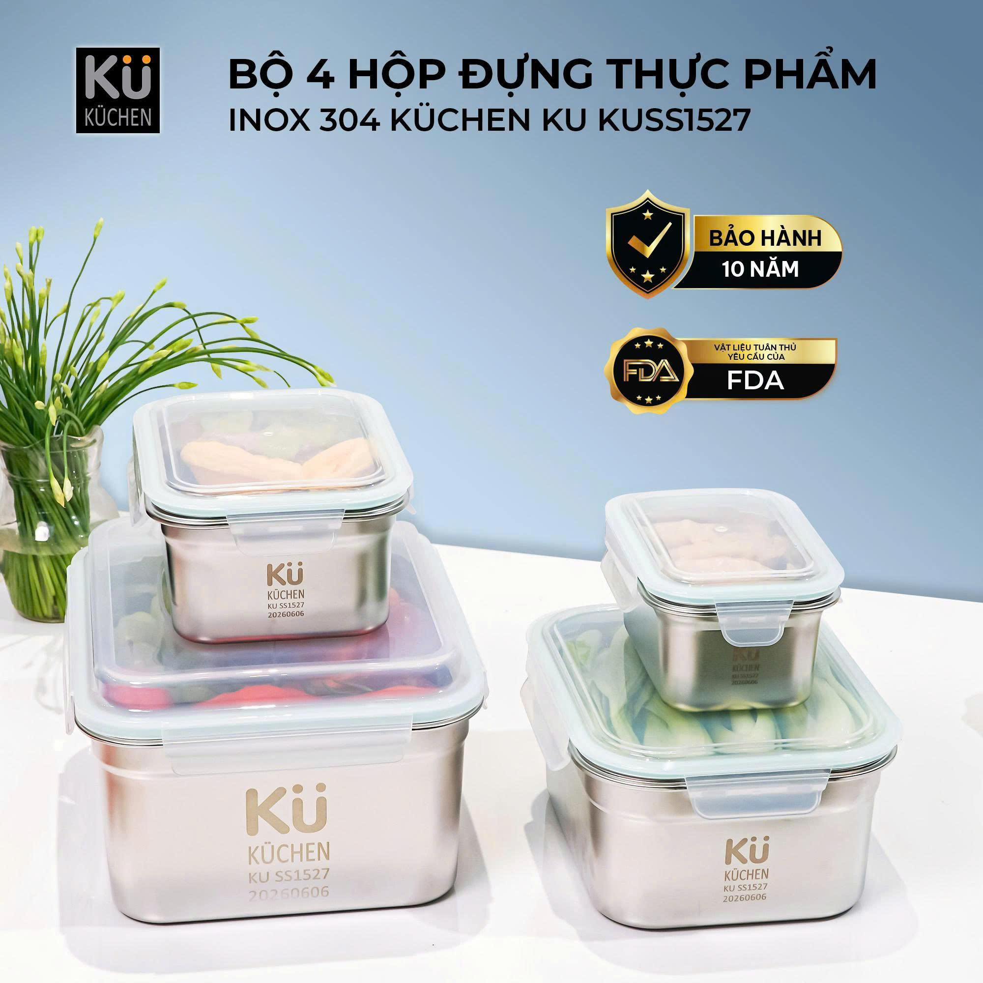 Hộp đựng thực phẩm inox KU KUSS1527, Đạt FDA, gồm 4 hộp - Ảnh 2