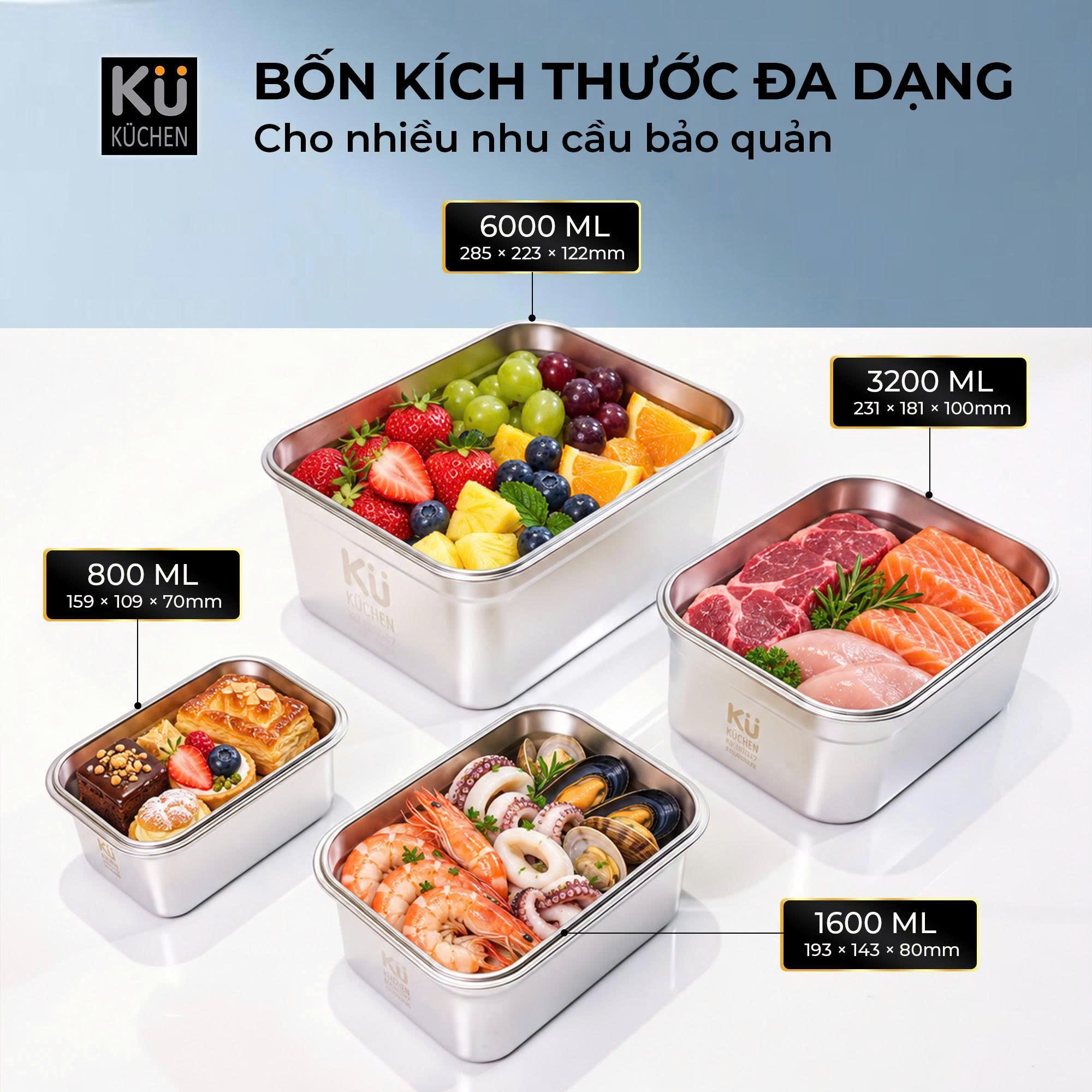 Hộp đựng thực phẩm inox KU KUSS1527, Đạt FDA, gồm 4 hộp - Ảnh 4