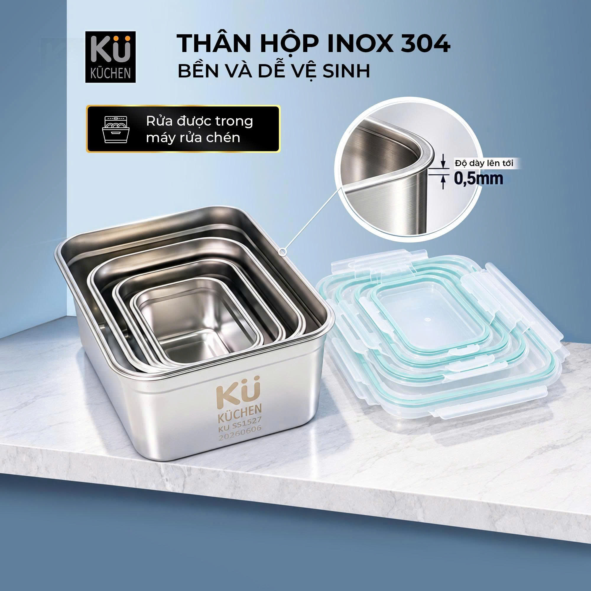 Hộp đựng thực phẩm inox KU KUSS1527, Đạt FDA, gồm 4 hộp - Ảnh 9